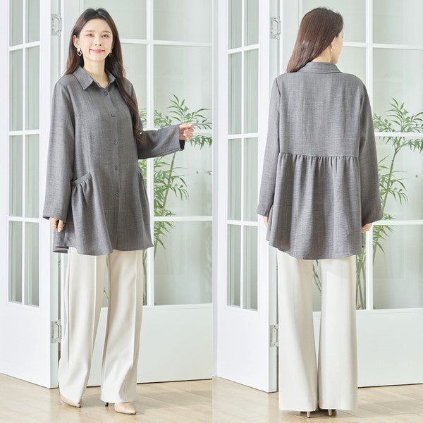フレアポケット シャツチュニック 長袖 襟付き 前開き 体型カバー ゆったり 羽織り