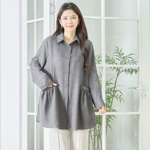 フレアポケット シャツチュニック 長袖 襟付き 前開き 体型カバー ゆったり 羽織り