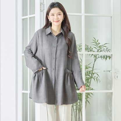 フレアポケット シャツチュニック 長袖 襟付き 前開き 体型カバー ゆったり 羽織り
