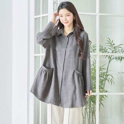 フレアポケット シャツチュニック 長袖 襟付き 前開き 体型カバー ゆったり 羽織り