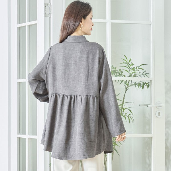 フレアポケット シャツチュニック 長袖 襟付き 前開き 体型カバー ゆったり 羽織り