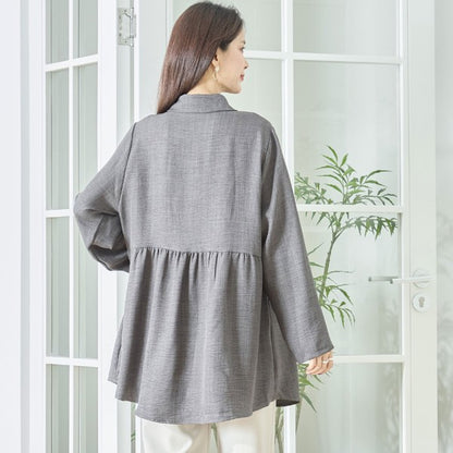フレアポケット シャツチュニック 長袖 襟付き 前開き 体型カバー ゆったり 羽織り