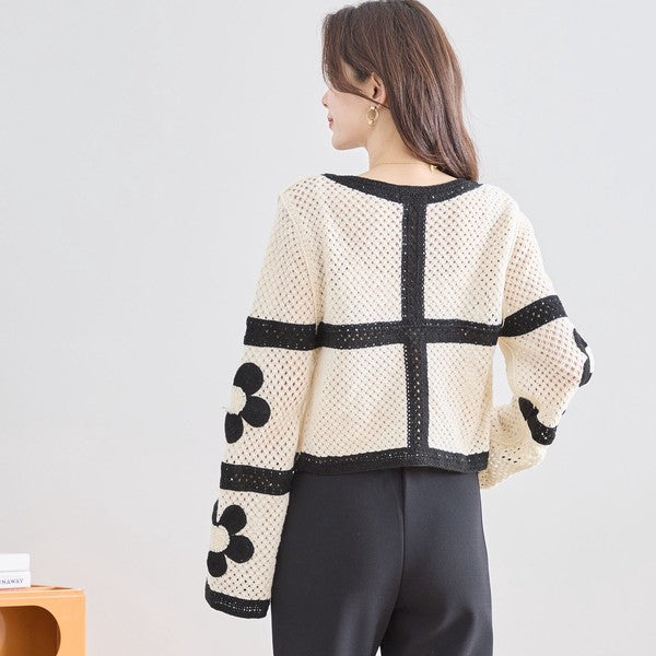 バイカラー フラワーモチーフ ニット トップス 透かし編み ショート丈 レイヤード 長袖