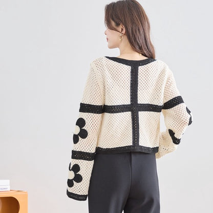 バイカラー フラワーモチーフ ニット トップス 透かし編み ショート丈 レイヤード 長袖