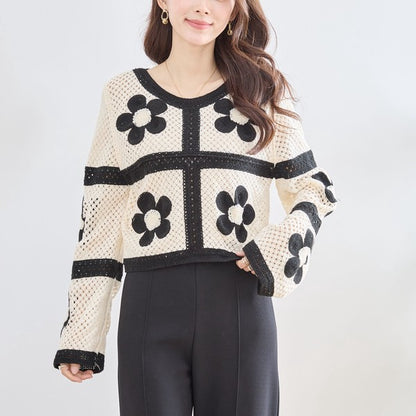 バイカラー フラワーモチーフ ニット トップス 透かし編み ショート丈 レイヤード 長袖