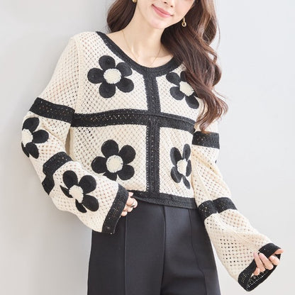 バイカラー フラワーモチーフ ニット トップス 透かし編み ショート丈 レイヤード 長袖