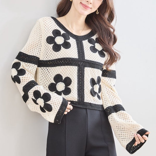 バイカラー フラワーモチーフ ニット トップス 透かし編み ショート丈 レイヤード 長袖