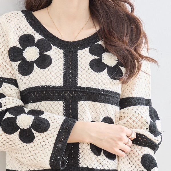 バイカラー フラワーモチーフ ニット トップス 透かし編み ショート丈 レイヤード 長袖