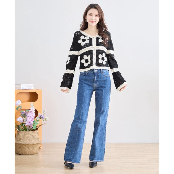 バイカラー フラワーモチーフ ニット トップス 透かし編み ショート丈 レイヤード 長袖