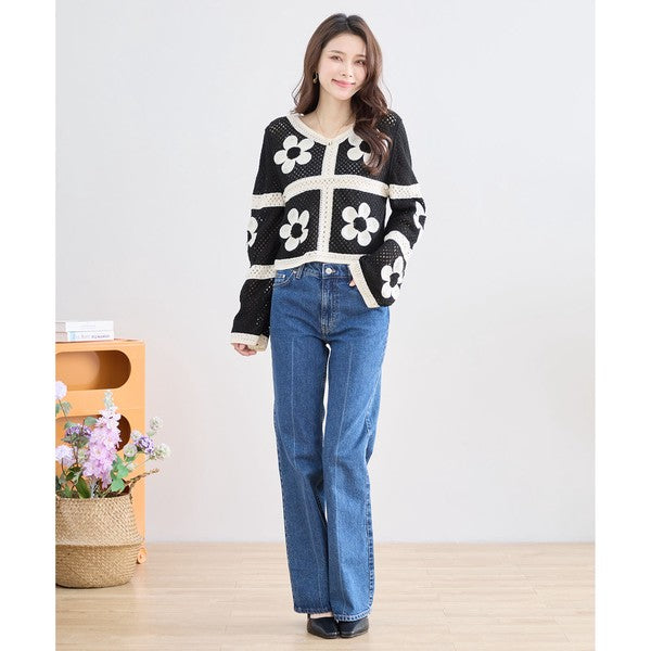 バイカラー フラワーモチーフ ニット トップス 透かし編み ショート丈 レイヤード 長袖