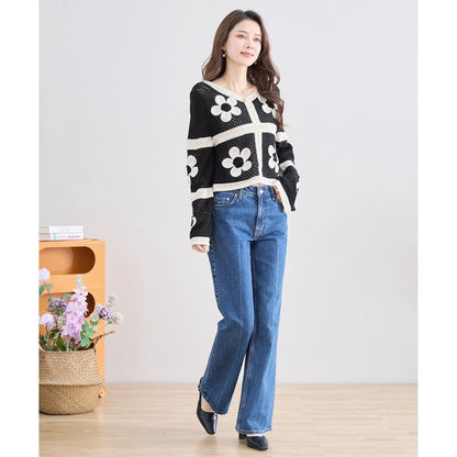 バイカラー フラワーモチーフ ニット トップス 透かし編み ショート丈 レイヤード 長袖