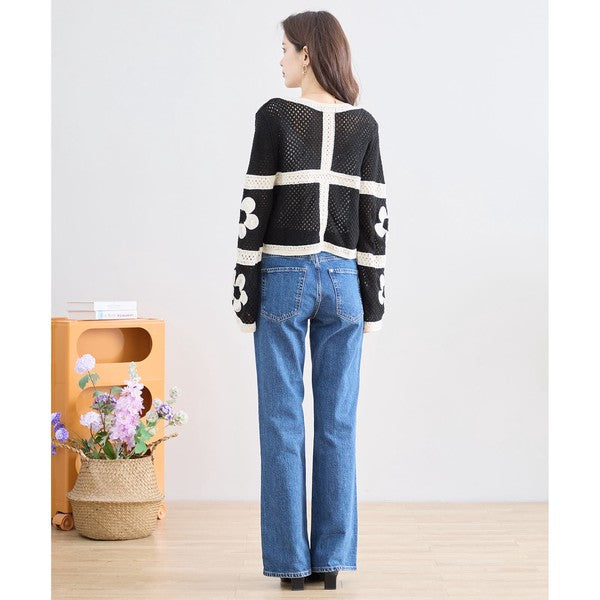 バイカラー フラワーモチーフ ニット トップス 透かし編み ショート丈 レイヤード 長袖