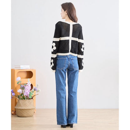 バイカラー フラワーモチーフ ニット トップス 透かし編み ショート丈 レイヤード 長袖