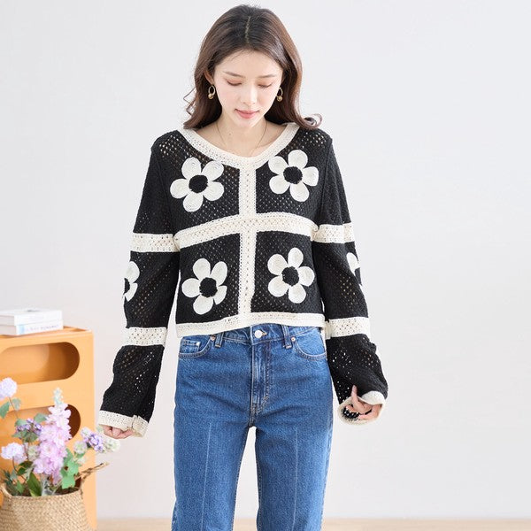 バイカラー フラワーモチーフ ニット トップス 透かし編み ショート丈 レイヤード 長袖