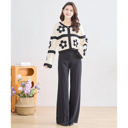 バイカラー フラワーモチーフ ニット トップス 透かし編み ショート丈 レイヤード 長袖