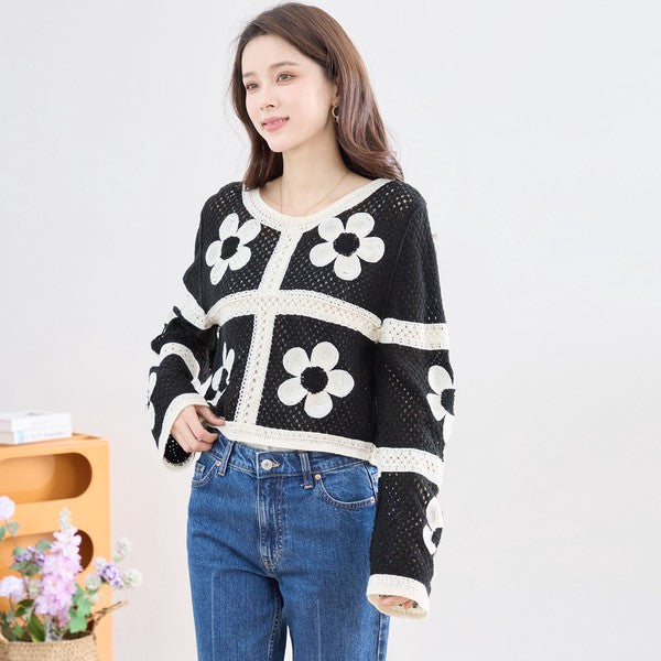 バイカラー フラワーモチーフ ニット トップス 透かし編み ショート丈 レイヤード 長袖
