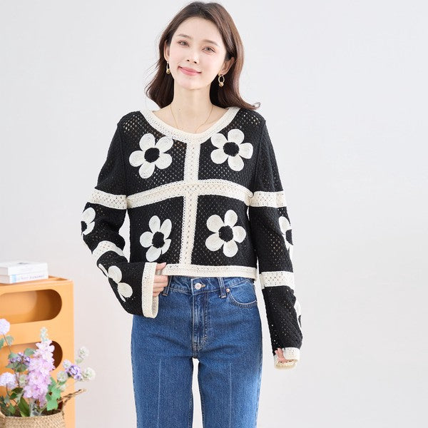 バイカラー フラワーモチーフ ニット トップス 透かし編み ショート丈 レイヤード 長袖