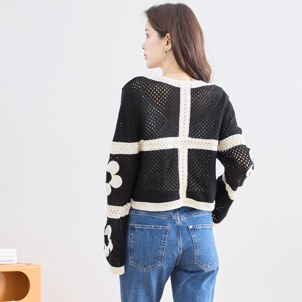 バイカラー フラワーモチーフ ニット トップス 透かし編み ショート丈 レイヤード 長袖