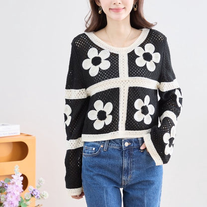 バイカラー フラワーモチーフ ニット トップス 透かし編み ショート丈 レイヤード 長袖