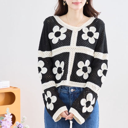 バイカラー フラワーモチーフ ニット トップス 透かし編み ショート丈 レイヤード 長袖