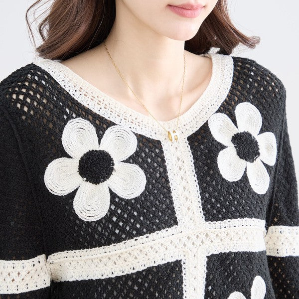 バイカラー フラワーモチーフ ニット トップス 透かし編み ショート丈 レイヤード 長袖