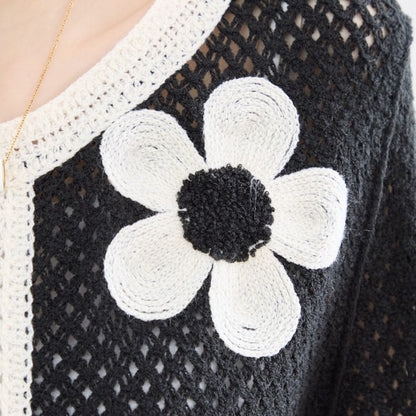 バイカラー フラワーモチーフ ニット トップス 透かし編み ショート丈 レイヤード 長袖
