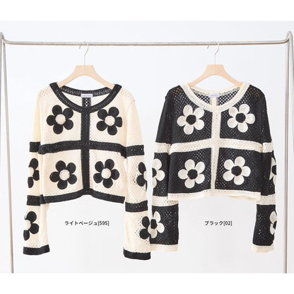 バイカラー フラワーモチーフ ニット トップス 透かし編み ショート丈 レイヤード 長袖