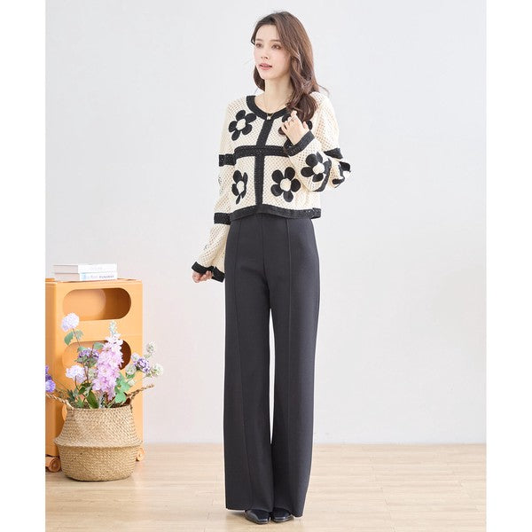 バイカラー フラワーモチーフ ニット トップス 透かし編み ショート丈 レイヤード 長袖