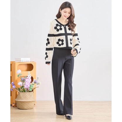 バイカラー フラワーモチーフ ニット トップス 透かし編み ショート丈 レイヤード 長袖
