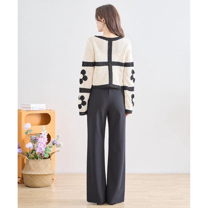 バイカラー フラワーモチーフ ニット トップス 透かし編み ショート丈 レイヤード 長袖