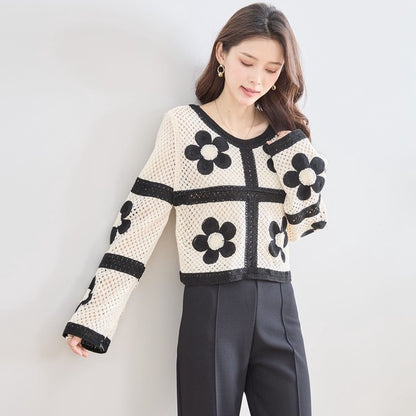 バイカラー フラワーモチーフ ニット トップス 透かし編み ショート丈 レイヤード 長袖
