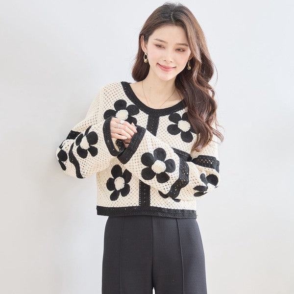 バイカラー フラワーモチーフ ニット トップス 透かし編み ショート丈 レイヤード 長袖
