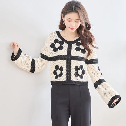 バイカラー フラワーモチーフ ニット トップス 透かし編み ショート丈 レイヤード 長袖