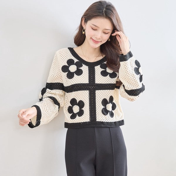 バイカラー フラワーモチーフ ニット トップス 透かし編み ショート丈 レイヤード 長袖
