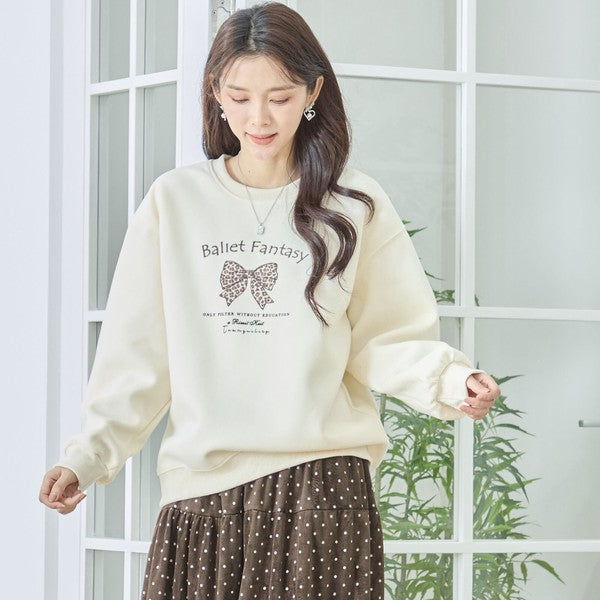 【M〜L】レオパード柄リボンロゴスウェット 大人可愛い バレエコア 長袖トレーナー