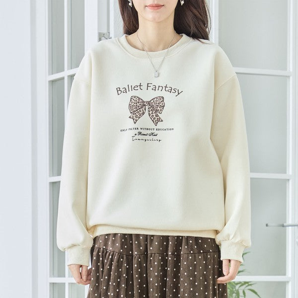 【M〜L】レオパード柄リボンロゴスウェット 大人可愛い バレエコア 長袖トレーナー