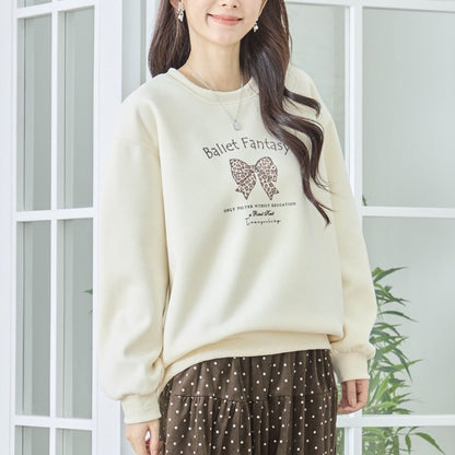 【M〜L】レオパード柄リボンロゴスウェット 大人可愛い バレエコア 長袖トレーナー