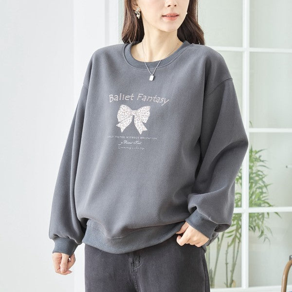 【M〜L】レオパード柄リボンロゴスウェット 大人可愛い バレエコア 長袖トレーナー