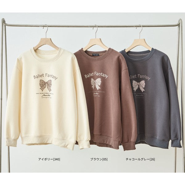 M〜L】レオパード柄リボンロゴスウェット 大人可愛い バレエコア 長袖