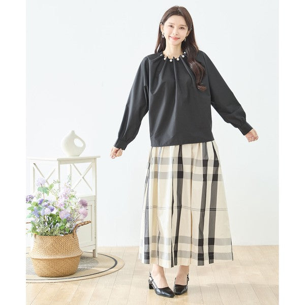 フェイクパール付き ブラウス 長袖 タック ドレープ きれいめ オフィス セレモニー