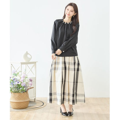 フェイクパール付き ブラウス 長袖 タック ドレープ きれいめ オフィス セレモニー