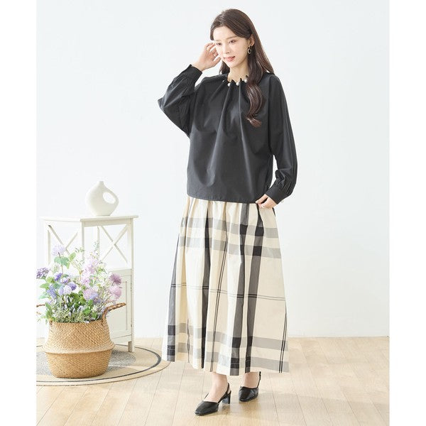 フェイクパール付き ブラウス 長袖 タック ドレープ きれいめ オフィス セレモニー