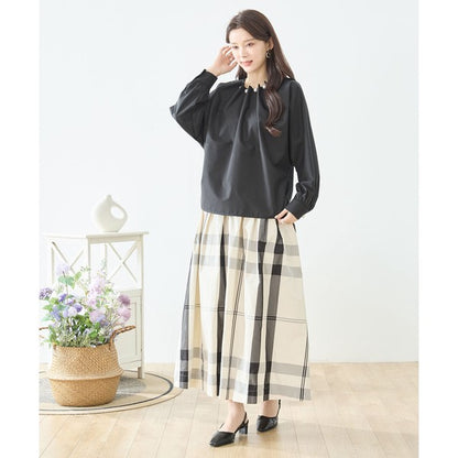 フェイクパール付き ブラウス 長袖 タック ドレープ きれいめ オフィス セレモニー