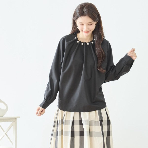 フェイクパール付き ブラウス 長袖 タック ドレープ きれいめ オフィス セレモニー