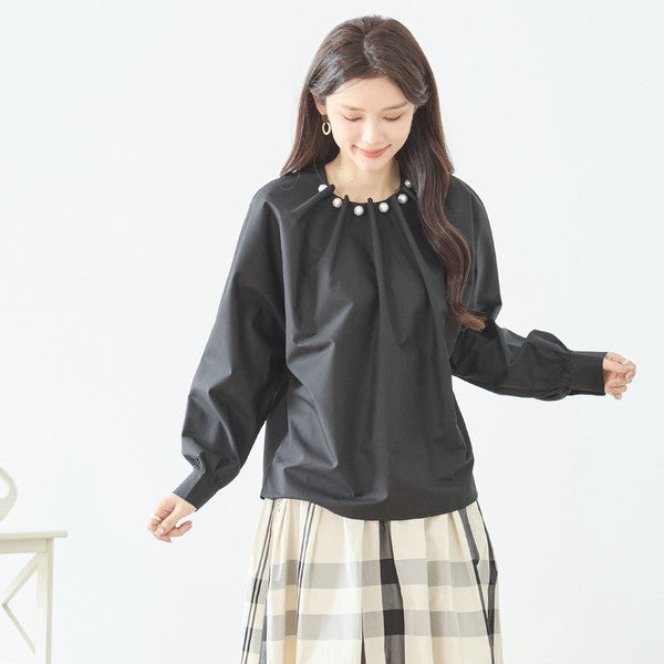フェイクパール付き ブラウス 長袖 タック ドレープ きれいめ オフィス セレモニー