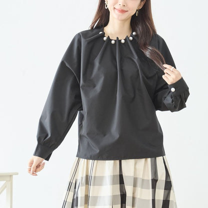 フェイクパール付き ブラウス 長袖 タック ドレープ きれいめ オフィス セレモニー