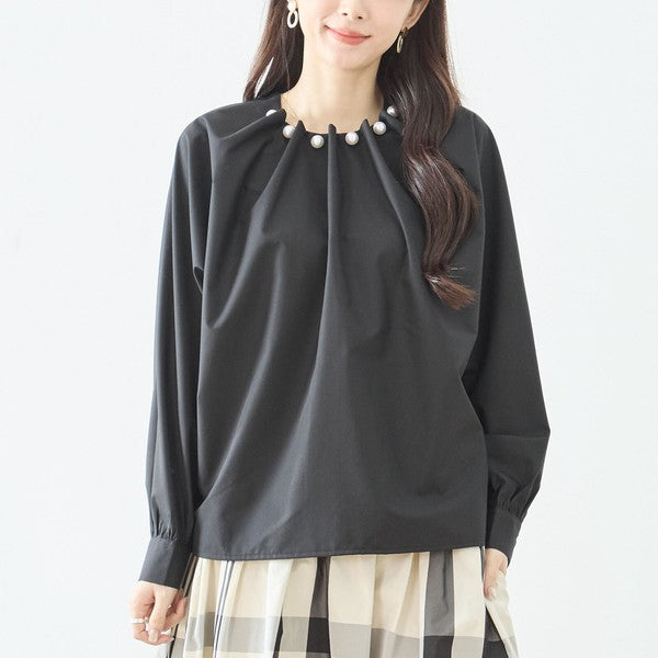 フェイクパール付き ブラウス 長袖 タック ドレープ きれいめ オフィス セレモニー