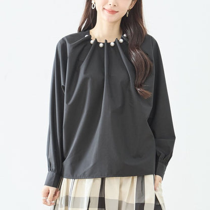 フェイクパール付き ブラウス 長袖 タック ドレープ きれいめ オフィス セレモニー