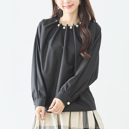 フェイクパール付き ブラウス 長袖 タック ドレープ きれいめ オフィス セレモニー