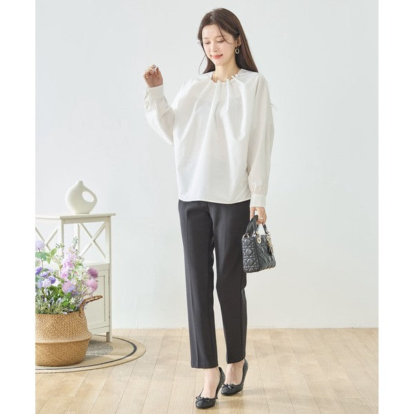 フェイクパール付き ブラウス 長袖 タック ドレープ きれいめ オフィス セレモニー